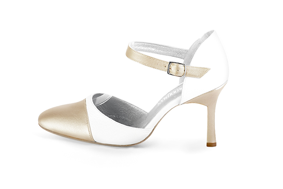 French elegance and refinement for these gold and pure white dress open side shoes, with an instep strap, 
                available in many subtle leather and colour combinations. Its high vamp and fitted strap will give you good support.
To personalize or not, according to your inspiration and your needs.  
                Matching clutches for parties, ceremonies and weddings.   
                You can customize these shoes to perfectly match your tastes or needs, and have a unique model.  
                Choice of leathers, colours, knots and heels. 
                Wide range of materials and shades carefully chosen.  
                Rich collection of flat, low, mid and high heels.  
                Small and large shoe sizes - Florence KOOIJMAN